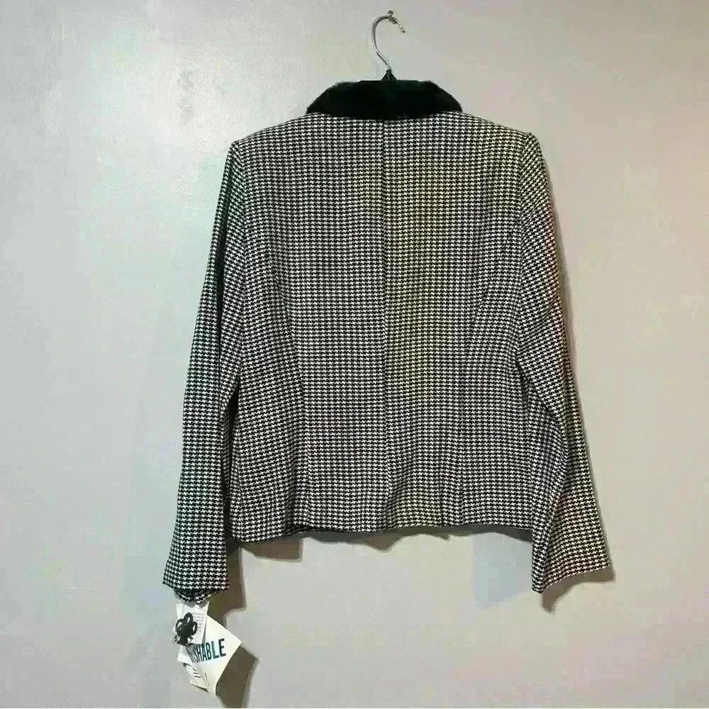 Julian Taylor Vintage Houndstooth Blazer With Faux Fur Collar Size 12 90s Black - Picture 4 of 14